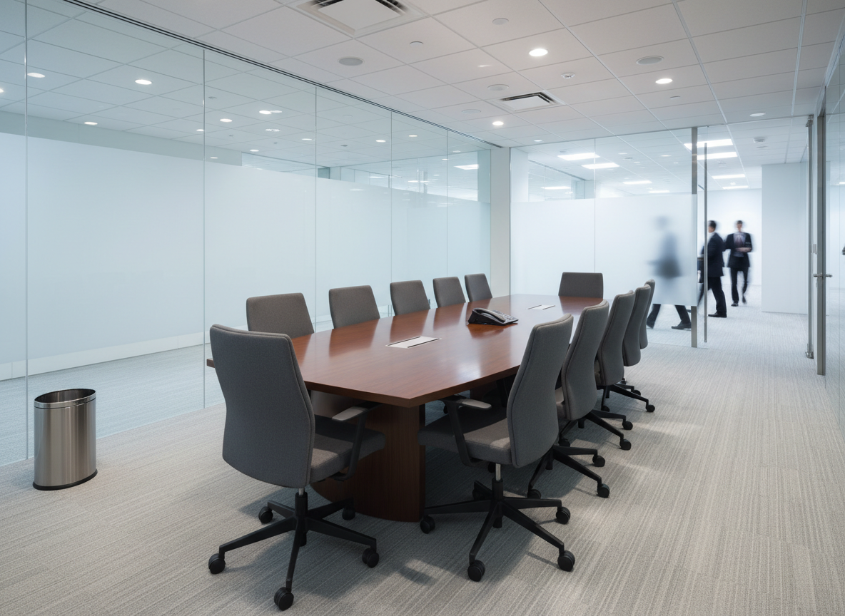 An immaculate small conference room in a corporate facility, photographed in realistic detail. The central focus is a polished dark-wood meeting table with not a single fingerprint or dust particle, its surface reflecting the soft glow of recessed ceiling lights. Cleaned, streak-free glass walls separate the room from a tidy corridor, and every chair is perfectly aligned. A discreet, stainless steel waste bin sits empty in the corner on freshly vacuumed low-pile carpet with visible, uniform vacuum lines. Captured from a corner angle using the rule of thirds, the lighting is bright yet calm, creating a professional, trustworthy atmosphere that showcases high-quality corporate cleaning standards.